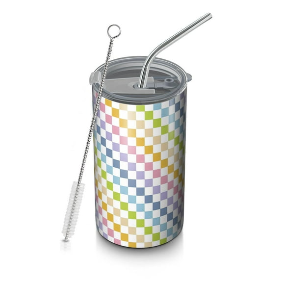 20oz Coffee Tumblers Colorful Checkerboard Pattern Stainless Steel Vacuum Insulated Travel Tumbler Coffee Cups Mug with Lid and Straw with Cleaning Brush for Cold & Hot Drinks