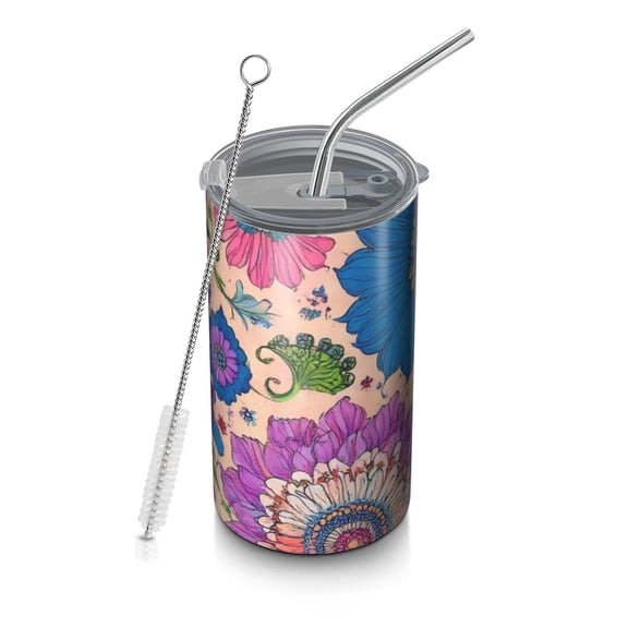 20oz Coffee Tumblers Colorful Floral Pattern Stainless Steel Vacuum Insulated Travel Tumbler Coffee Cups Mug with Lid and Straw with Cleaning Brush for Cold & Hot Drinks