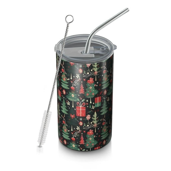 20oz Coffee Tumblers Dark Christmas Tree and Gift Pattern Stainless Steel Vacuum Insulated Travel Tumbler Coffee Cups Mug with Lid and Straw with Cleaning Brush for Cold & Hot Drinks