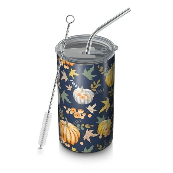 20oz Coffee Tumblers Fall Pumpkins and Leaves Pattern Stainless Steel Vacuum Insulated Travel Tumbler Coffee Cups Mug with Lid and Straw with Cleaning Brush for Cold & Hot Drinks