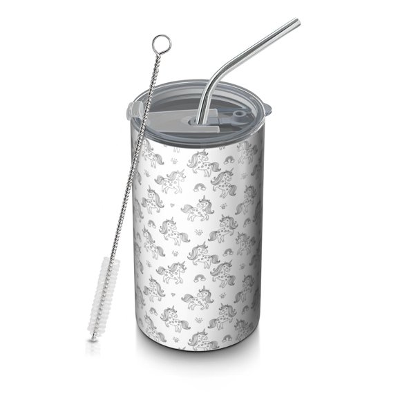 20oz Coffee Tumblers Gray Cartoon Unicorn Pattern Stainless Steel Vacuum Insulated Travel Tumbler Coffee Cups Mug with Lid and Straw with Cleaning Brush for Cold & Hot Drinks