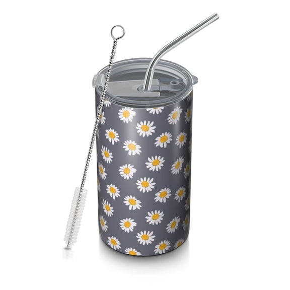 20oz Coffee Tumblers Gray Daisy Flower Pattern Stainless Steel Vacuum Insulated Travel Tumbler Coffee Cups Mug with Lid and Straw with Cleaning Brush for Cold & Hot Drinks