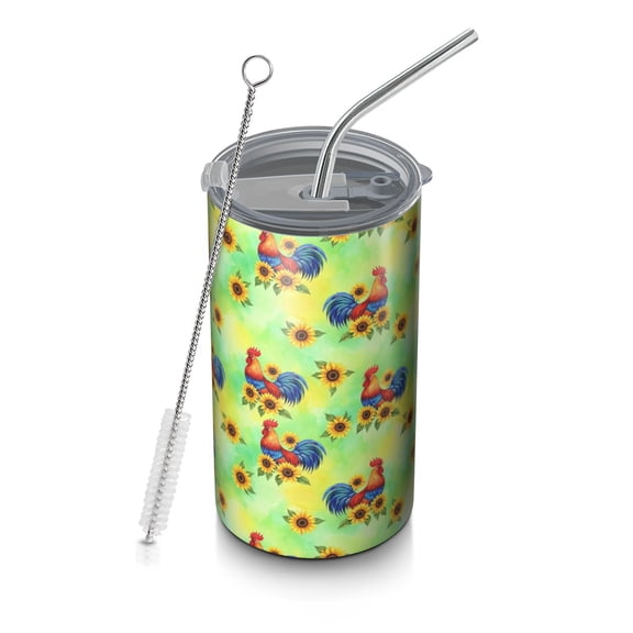 20oz Coffee Tumblers Green Chicken Rooster Sunflower Pattern Stainless Steel Vacuum Insulated Travel Tumbler Coffee Cups Mug with Lid and Straw with Cleaning Brush for Cold & Hot Drinks