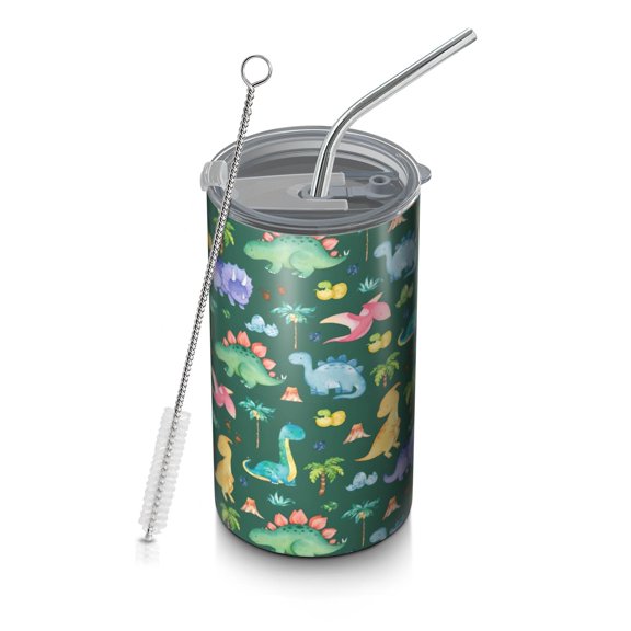 20oz Coffee Tumblers Green Dinosaurs Palms Volcanoes Pattern Stainless Steel Vacuum Insulated Travel Tumbler Coffee Cups Mug with Lid and Straw with Cleaning Brush for Cold & Hot Drinks