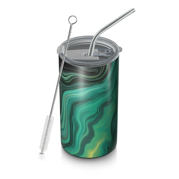20oz Coffee Tumblers Green Marble Color Flow Pattern Stainless Steel Vacuum Insulated Travel Tumbler Coffee Cups Mug with Lid and Straw with Cleaning Brush for Cold & Hot Drinks