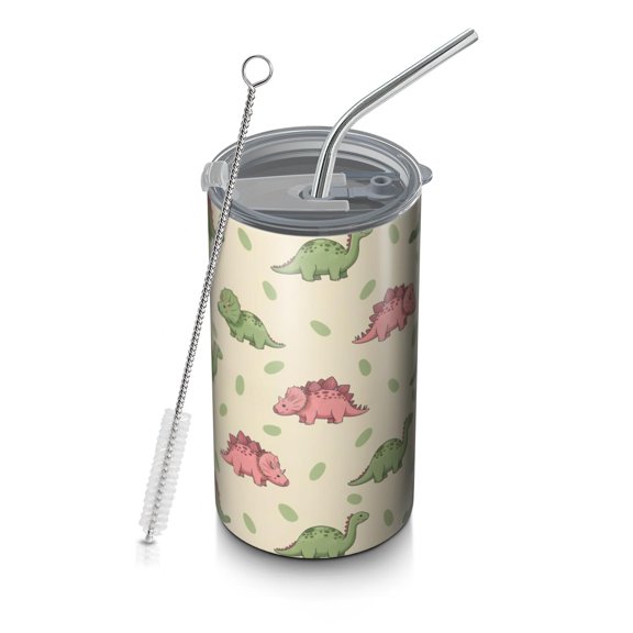 20oz Coffee Tumblers Green and Pink Dinosaur Pattern Stainless Steel Vacuum Insulated Travel Tumbler Coffee Cups Mug with Lid and Straw with Cleaning Brush for Cold & Hot Drinks