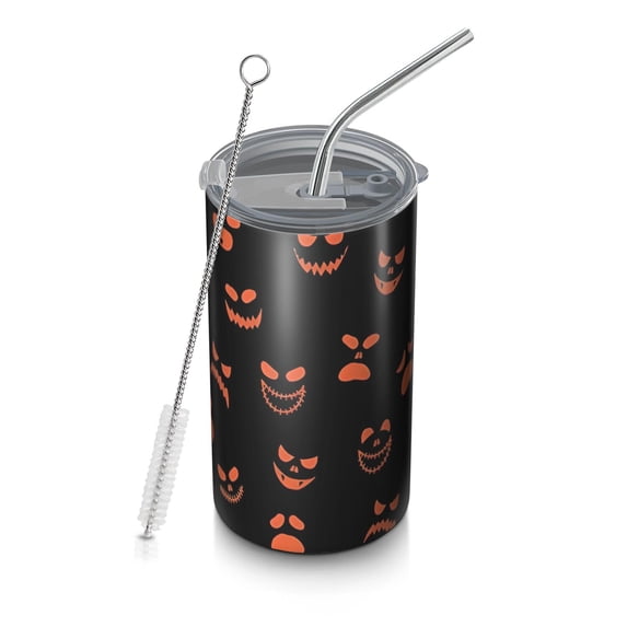 20oz Coffee Tumblers Halloween Orange Spooky Faces Stainless Steel Vacuum Insulated Travel Tumbler Coffee Cups Mug with Lid and Straw with Cleaning Brush for Cold & Hot Drinks