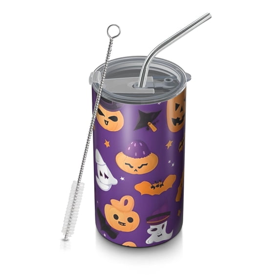 20oz Coffee Tumblers Halloween Pumpkin Ghost Pattern Stainless Steel Vacuum Insulated Travel Tumbler Coffee Cups Mug with Lid and Straw with Cleaning Brush for Cold & Hot Drinks