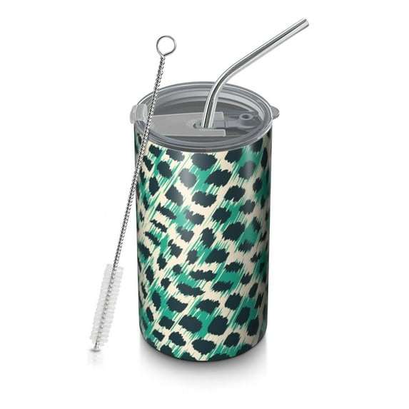 20oz Coffee Tumblers Leopard Pattern with Green and Black Spots Stainless Steel Vacuum Insulated Travel Tumbler Coffee Cups Mug with Lid and Straw with Cleaning Brush for Cold & Hot Drinks