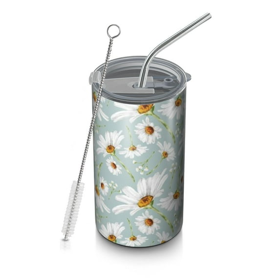 20oz Coffee Tumblers Light Blue Daisy Flower Pattern Stainless Steel Vacuum Insulated Travel Tumbler Coffee Cups Mug with Lid and Straw with Cleaning Brush for Cold & Hot Drinks