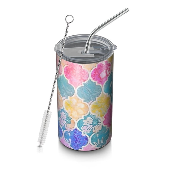 20oz Coffee Tumblers Multi Color Floral Checkered Pattern Stainless Steel Vacuum Insulated Travel Tumbler Coffee Cups Mug with Lid and Straw with Cleaning Brush for Cold & Hot Drinks