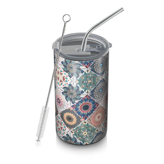 20oz Coffee Tumblers Multicolor Ethnic Floral and Geometric Pattern Stainless Steel Vacuum Insulated Travel Tumbler Coffee Cups Mug with Lid and Straw with Cleaning Brush for Cold & Hot Drinks