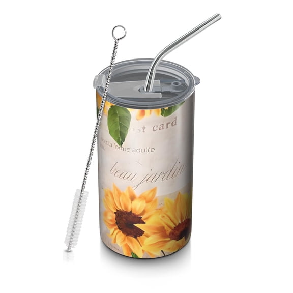 20oz Coffee Tumblers Newspaper Text Sunflower Pattern Stainless Steel Vacuum Insulated Travel Tumbler Coffee Cups Mug with Lid and Straw with Cleaning Brush for Cold & Hot Drinks