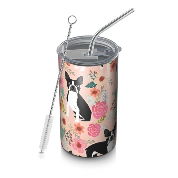 20oz Coffee Tumblers Pink Boston Terrier and Flower Stainless Steel Vacuum Insulated Travel Tumbler Coffee Cups Mug with Lid and Straw with Cleaning Brush for Cold & Hot Drinks