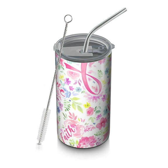20oz Coffee Tumblers Pink Breast Cancer and Pioneer Flower Stainless Steel Vacuum Insulated Travel Tumbler Coffee Cups Mug with Lid and Straw with Cleaning Brush for Cold & Hot Drinks