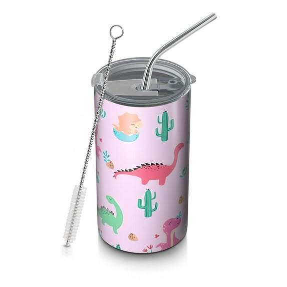 20oz Coffee Tumblers Pink Cartoon Dinosaurs Cacti Pattern Stainless Steel Vacuum Insulated Travel Tumbler Coffee Cups Mug with Lid and Straw with Cleaning Brush for Cold & Hot Drinks