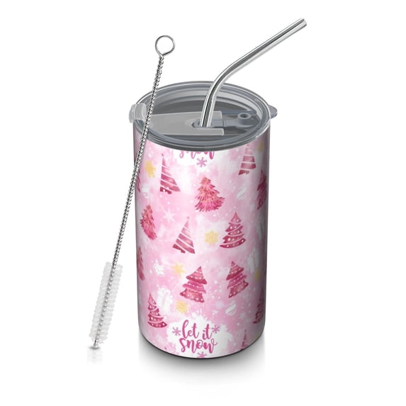 20oz Coffee Tumblers Pink Christmas Tree Pattern Stainless Steel Vacuum Insulated Travel Tumbler Coffee Cups Mug with Lid and Straw with Cleaning Brush for Cold & Hot Drinks