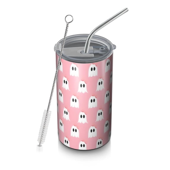 20oz Coffee Tumblers Pink Halloween Ghosts with Bows Stainless Steel Vacuum Insulated Travel Tumbler Coffee Cups Mug with Lid and Straw with Cleaning Brush for Cold & Hot Drinks