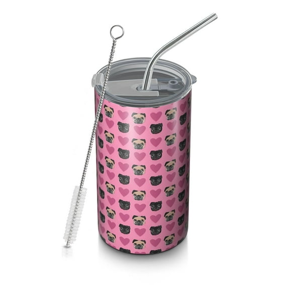 20oz Coffee Tumblers Pink Pug Puppies Stainless Steel Vacuum Insulated Travel Tumbler Coffee Cups Mug with Lid and Straw with Cleaning Brush for Cold & Hot Drinks