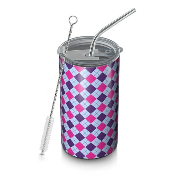 20oz Coffee Tumblers Pink Purple Checkered Pattern Stainless Steel Vacuum Insulated Travel Tumbler Coffee Cups Mug with Lid and Straw with Cleaning Brush for Cold & Hot Drinks