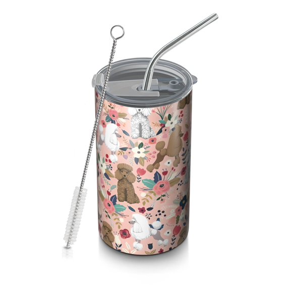 20oz Coffee Tumblers Poodle and Flowers Floral Stainless Steel Vacuum Insulated Travel Tumbler Coffee Cups Mug with Lid and Straw with Cleaning Brush for Cold & Hot Drinks