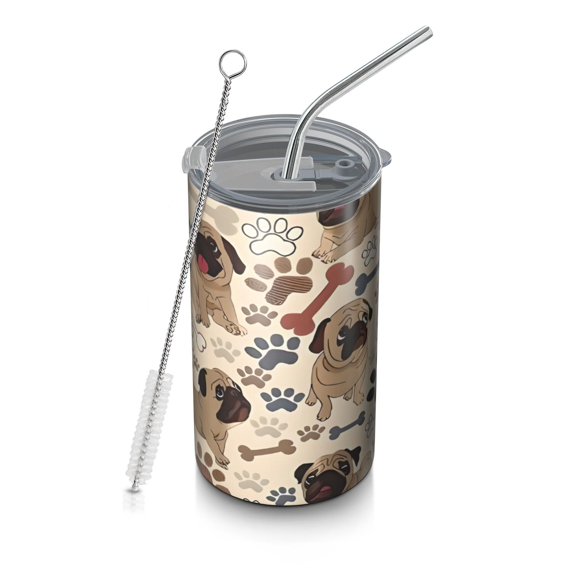 20oz Coffee Tumblers Pug and Footprint Stainless Steel Vacuum Insulated Travel Tumbler Coffee Cups Mug with Lid and Straw with Cleaning Brush for Cold & Hot Drinks