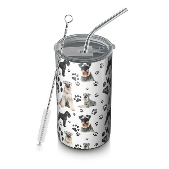 20oz Coffee Tumblers Schnauzer Dog and Footprints Stainless Steel Vacuum Insulated Travel Tumbler Coffee Cups Mug with Lid and Straw with Cleaning Brush for Cold & Hot Drinks