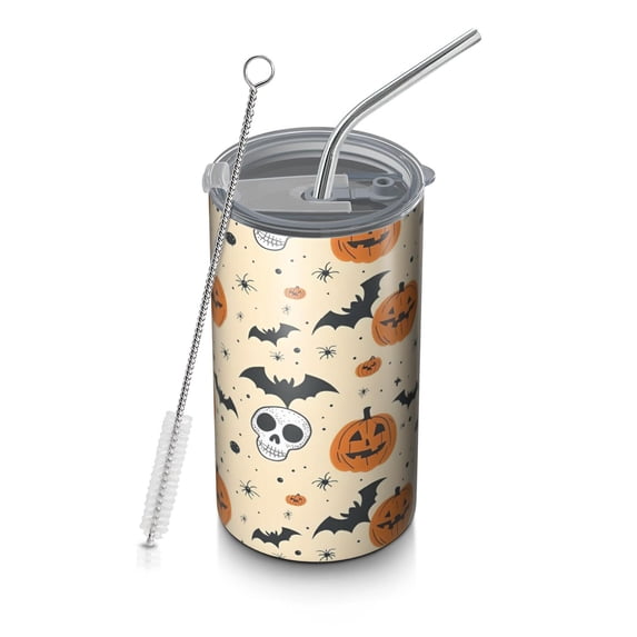 20oz Coffee Tumblers Vintage Halloween Icons Pattern Stainless Steel Vacuum Insulated Travel Tumbler Coffee Cups Mug with Lid and Straw with Cleaning Brush for Cold & Hot Drinks