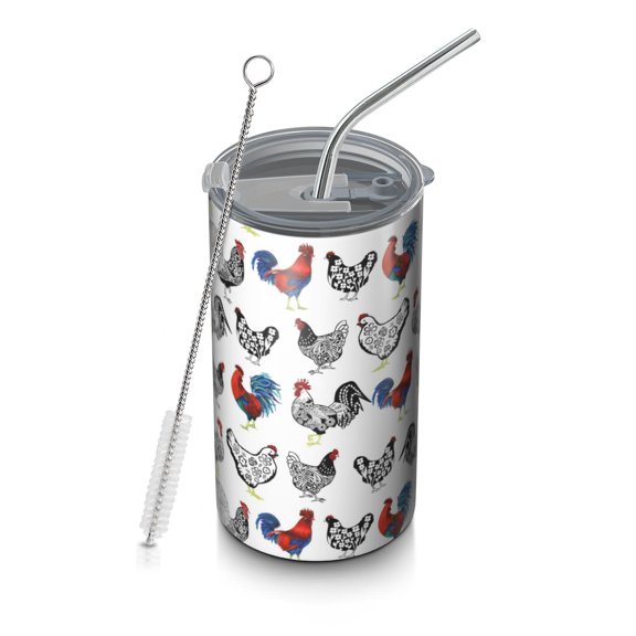 20oz Coffee Tumblers White Chicken Folk Pattern Stainless Steel Vacuum Insulated Travel Tumbler Coffee Cups Mug with Lid and Straw with Cleaning Brush for Cold & Hot Drinks