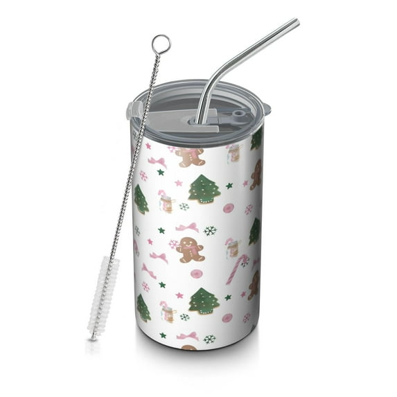 20oz Coffee Tumblers White Christmas Gingerbread Man Pattern Stainless Steel Vacuum Insulated Travel Tumbler Coffee Cups Mug with Lid and Straw with Cleaning Brush for Cold & Hot Drinks