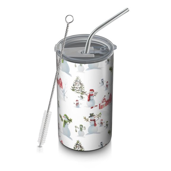 20oz Coffee Tumblers White Christmas Snowman Pattern Stainless Steel Vacuum Insulated Travel Tumbler Coffee Cups Mug with Lid and Straw with Cleaning Brush for Cold & Hot Drinks