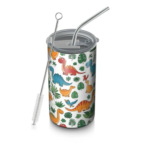 20oz Coffee Tumblers White Colorful Dinosaurs Jungle Pattern Stainless Steel Vacuum Insulated Travel Tumbler Coffee Cups Mug with Lid and Straw with Cleaning Brush for Cold & Hot Drinks