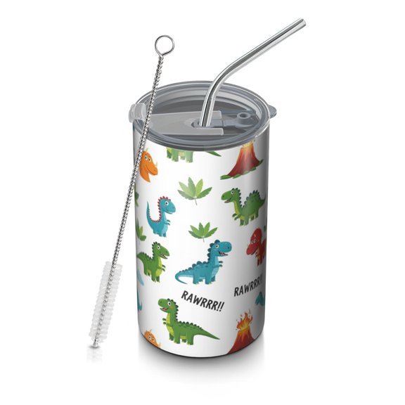 20oz Coffee Tumblers White Dinosaurs Volcanoes Leaves Pattern Stainless Steel Vacuum Insulated Travel Tumbler Coffee Cups Mug with Lid and Straw with Cleaning Brush for Cold & Hot Drinks