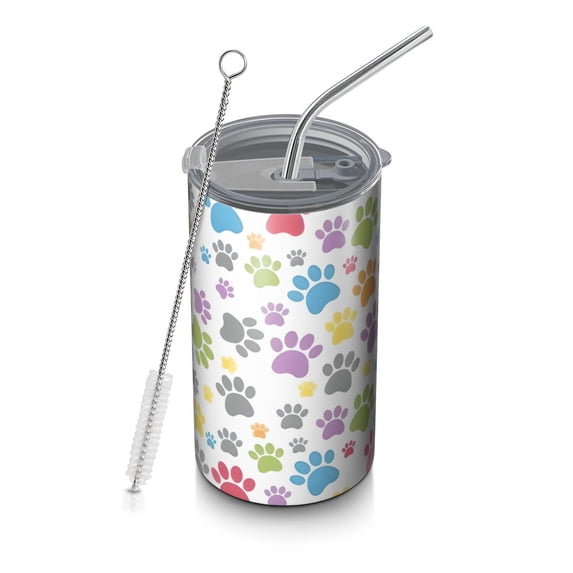 20oz Coffee Tumblers White Dog Paw Footprint Stainless Steel Vacuum Insulated Travel Tumbler Coffee Cups Mug with Lid and Straw with Cleaning Brush for Cold & Hot Drinks
