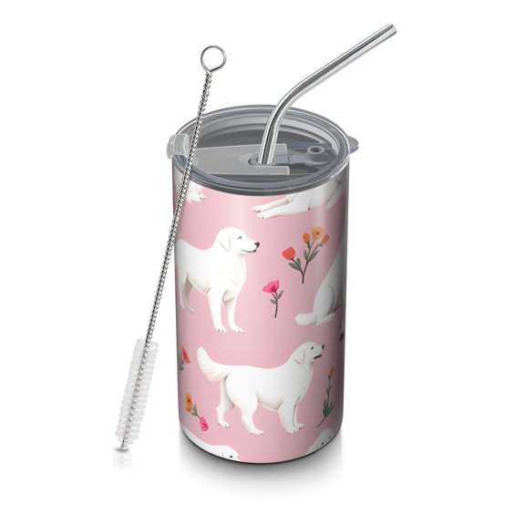 20oz Coffee Tumblers White Dogs and Pioneer Flower Stainless Steel Vacuum Insulated Travel Tumbler Coffee Cups Mug with Lid and Straw with Cleaning Brush for Cold & Hot Drinks