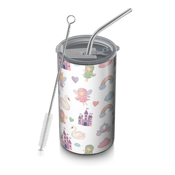 20oz Coffee Tumblers White Fairy Castle Pattern Stainless Steel Vacuum Insulated Travel Tumbler Coffee Cups Mug with Lid and Straw with Cleaning Brush for Cold & Hot Drinks