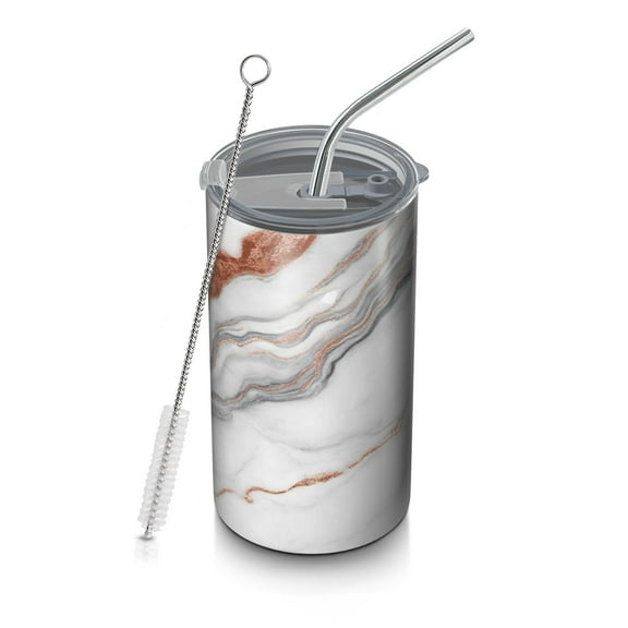 20oz Coffee Tumblers White Marble Copper Line Pattern Stainless Steel Vacuum Insulated Travel Tumbler Coffee Cups Mug with Lid and Straw with Cleaning Brush for Cold & Hot Drinks