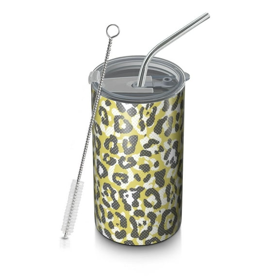 20oz Coffee Tumblers Yellow Leopard Print Pattern Stainless Steel Vacuum Insulated Travel Tumbler Coffee Cups Mug with Lid and Straw with Cleaning Brush for Cold & Hot Drinks