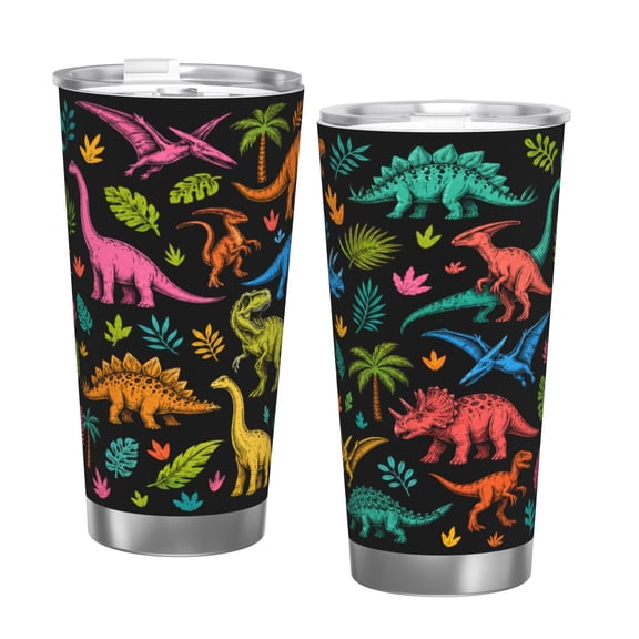 20oz Colorful Dinosaur Tumbler with Handle Stainless Steel Insulated Travel Coffee Cup Dino Gift with Single Silver Rim