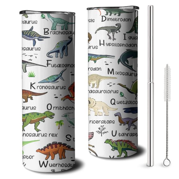 20oz Colorful Dinosaurs Alphabet Pattern Skinny Tumblers Stainless Steel Tumbler with Lid and Straw,Vacuum Insulated Double Wall Travel Tumbler Cups with Cleaning Brush for Coffee,Tea