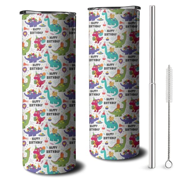 20oz Colorful Dinosaurs Birthday Text Pattern Skinny Tumblers Stainless Steel Tumbler with Lid and Straw,Vacuum Insulated Double Wall Travel Tumbler Cups with Cleaning Brush for Coffee,Tea