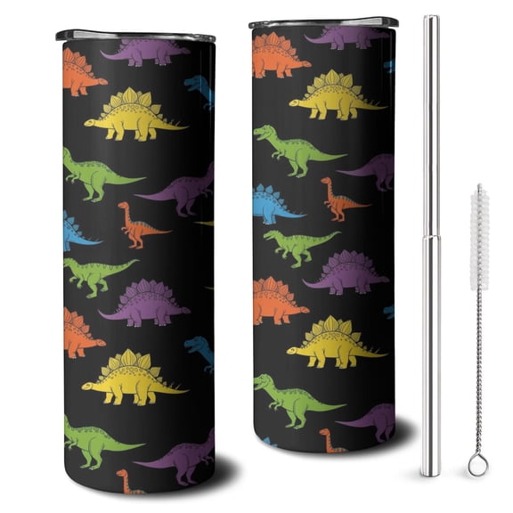 20oz Colorful Dinosaurs Black Pattern Skinny Tumblers Stainless Steel Tumbler with Lid and Straw,Vacuum Insulated Double Wall Travel Tumbler Cups with Cleaning Brush for Coffee,Tea