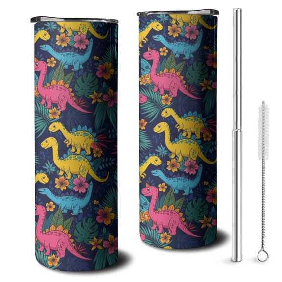 20oz Colorful Dinosaurs Tropical Floral Pattern Skinny Tumblers Stainless Steel Tumbler with Lid and Straw,Vacuum Insulated Double Wall Travel Tumbler Cups with Cleaning Brush for Coffee,Tea
