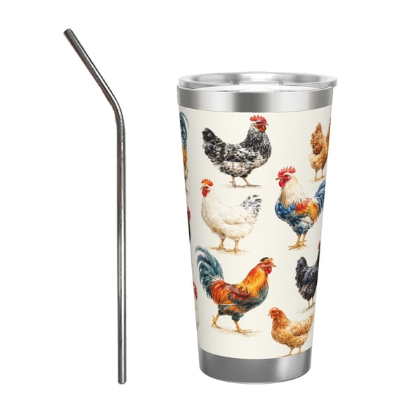 20oz Colorful Farm Chicken Rooster Insulated Tumbler with Handle and Straw Travel Cup Car Cup with Stainless Steel Straw