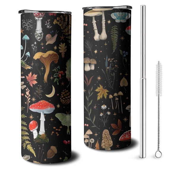 20oz Colorful Mushroom Leaf Black Pattern Skinny Tumblers Stainless Steel Tumbler with Lid and Straw,Vacuum Insulated Double Wall Travel Tumbler Cups with Cleaning Brush for Coffee,Tea