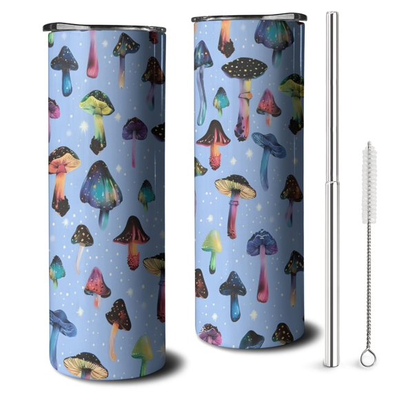 20oz Colorful Mushroom Pattern Light Blue Pattern Skinny Tumblers Stainless Steel Tumbler with Lid and Straw,Vacuum Insulated Double Wall Travel Tumbler Cups with Cleaning Brush for Coffee,Tea