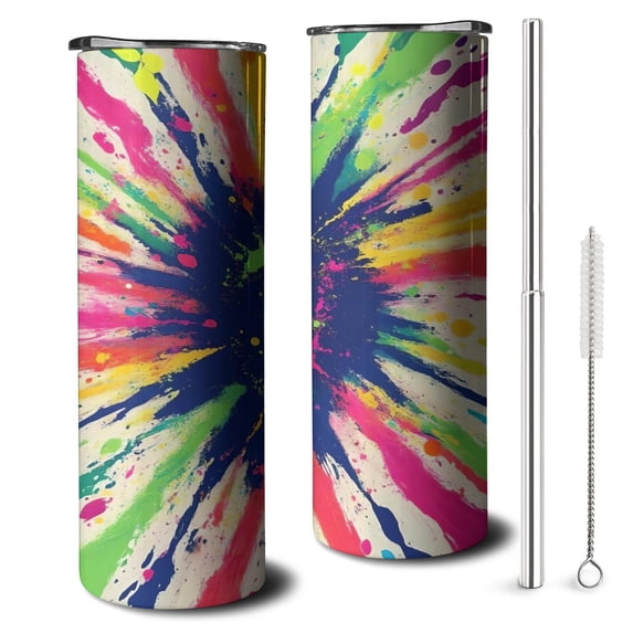 20oz Colorful Paint Burst Pattern Skinny Tumblers Stainless Steel Tumbler with Lid and Straw,Vacuum Insulated Double Wall Travel Tumbler Cups with Cleaning Brush for Coffee,Tea