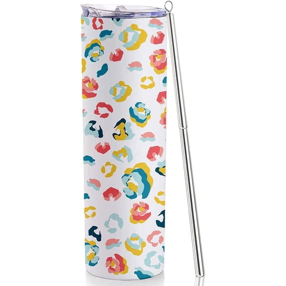 20oz Colorful Print Skinny Tumbler for Women with Lid and Straw, Perfect Travel Cup Gift For Women Female 304 Food Grade Stainless Steel Insulated Coffee Tumbler