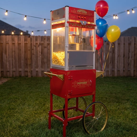 20oz Commercial Popcorn Machine with Cart Stainless Steel 1440W Vintage Popcorn Maker for Home Theater Parties Business Events