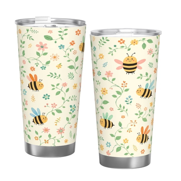 20oz Cute Bumble Bee Floral Car Tumbler Insulated Travel Cup with Handle and Straw Lid Gift for Women with Single Silver Rim